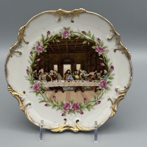 Vtg Last Supper Porcelain Plate Wall Hanging Japan Gold Gilt 6 in Dia Regilous - Picture 1 of 6